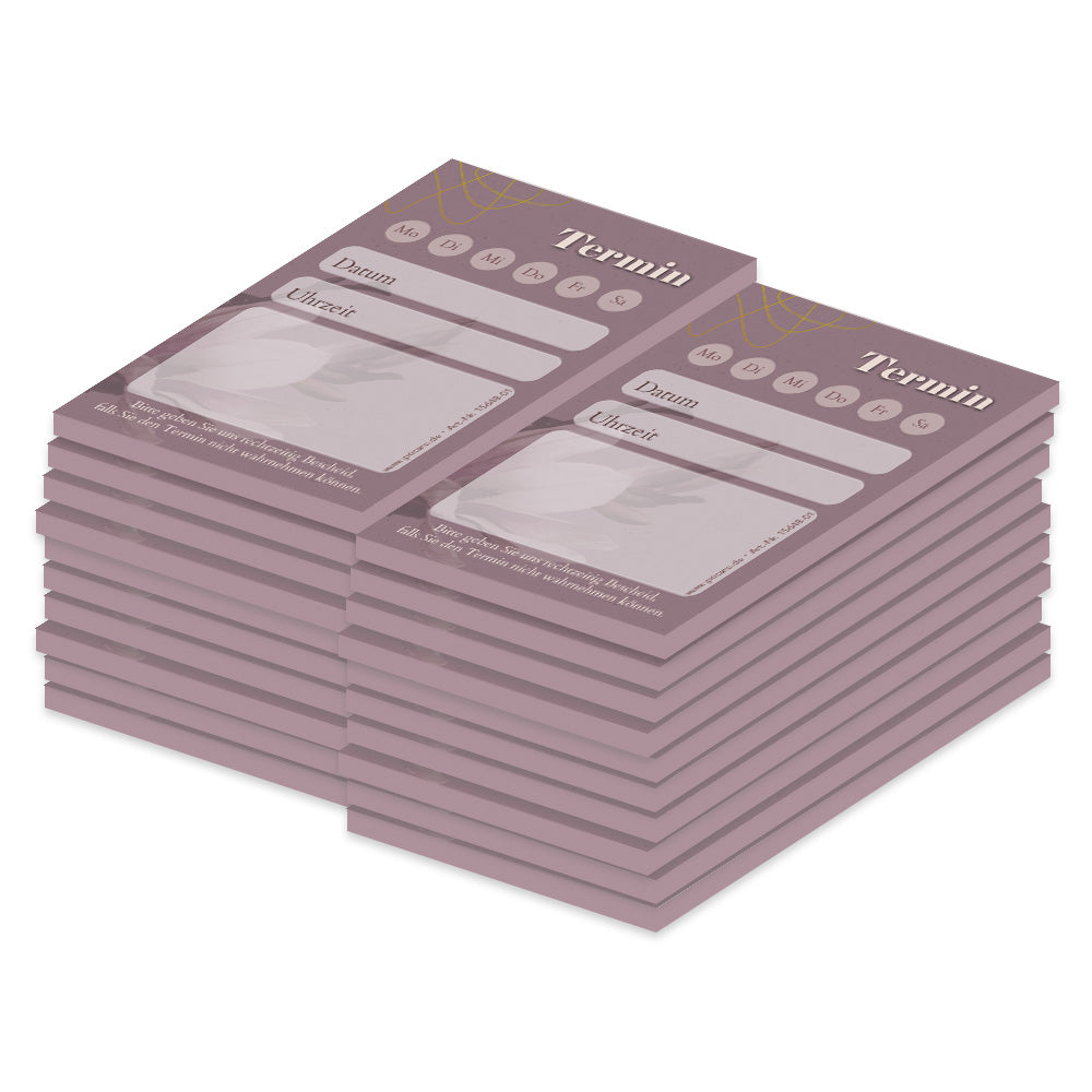 terminblock blossom, dunkellila, felder von montag bis samstag zum ankreuzen, zeilen für datum und uhrzeit und ein freifeld für stempel oder notizen, 20er set