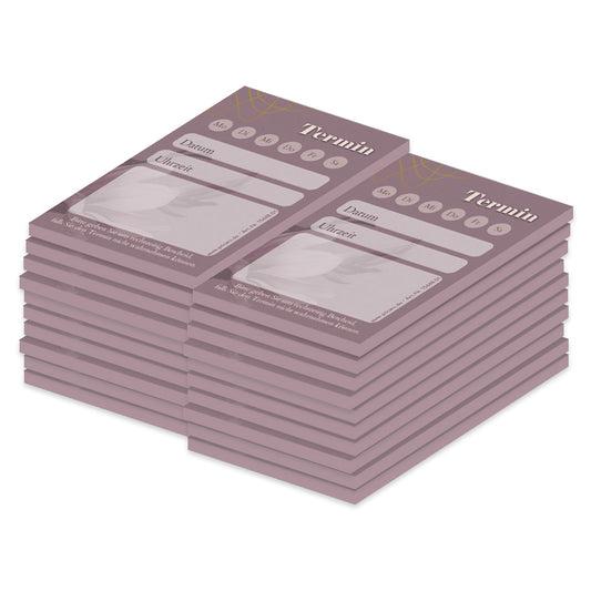 terminblock blossom, dunkellila, felder von montag bis samstag zum ankreuzen, zeilen für datum und uhrzeit und ein freifeld für stempel oder notizen, 20er set