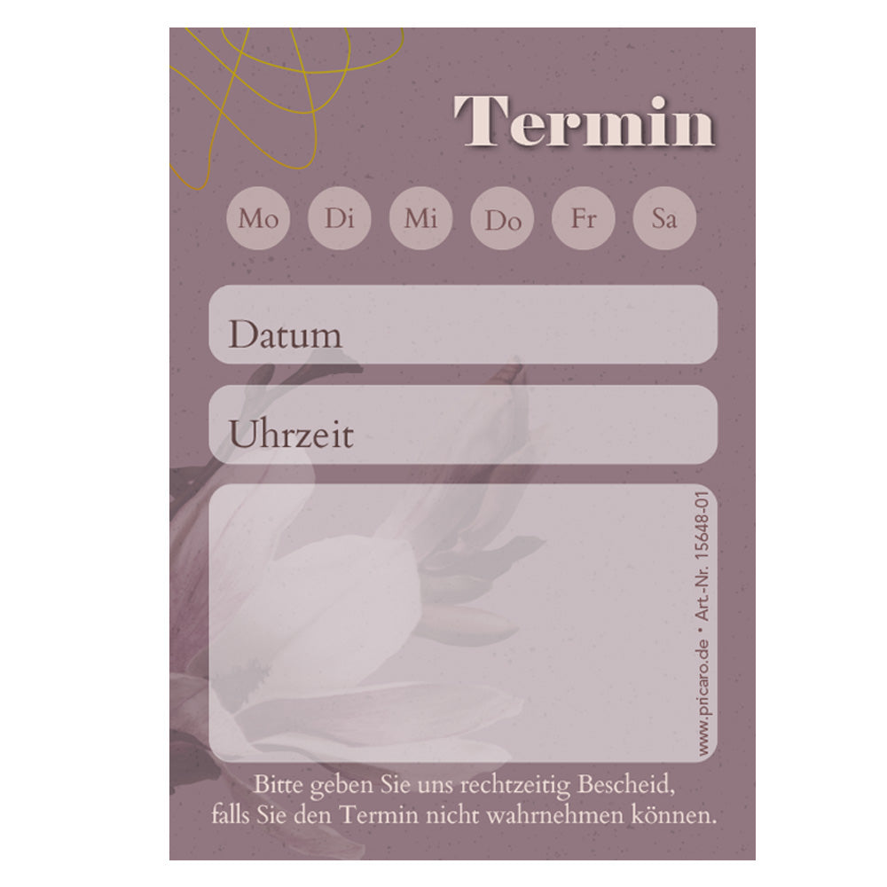 terminblock blossom, dunkellila, felder von montag bis samstag zum ankreuzen, zeilen für datum und uhrzeit und ein freifeld für stempel oder notizen, frontansicht