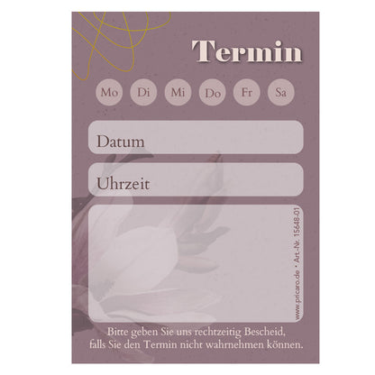 terminblock blossom, dunkellila, felder von montag bis samstag zum ankreuzen, zeilen für datum und uhrzeit und ein freifeld für stempel oder notizen, frontansicht