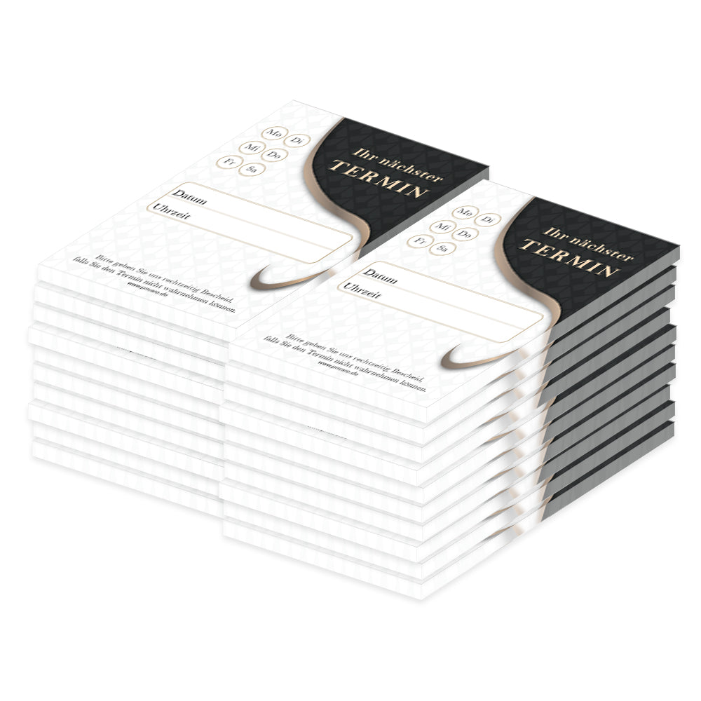terminblock elegant, schwarz-weiß-goldene optik, felder von montag bis samstag zum ankreuzen, zeilen für datum und uhrzeit und ein freifeld für stempel oder notizen, 20er set