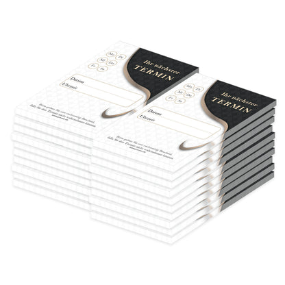 terminblock elegant, schwarz-weiß-goldene optik, felder von montag bis samstag zum ankreuzen, zeilen für datum und uhrzeit und ein freifeld für stempel oder notizen, 20er set