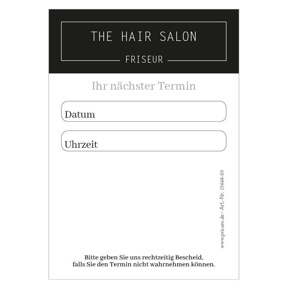 terminblock hair salon, schwarz-weiße optik, felder von montag bis samstag zum ankreuzen, zeilen für datum und uhrzeit und ein freifeld für stempel oder notizen, frontansicht