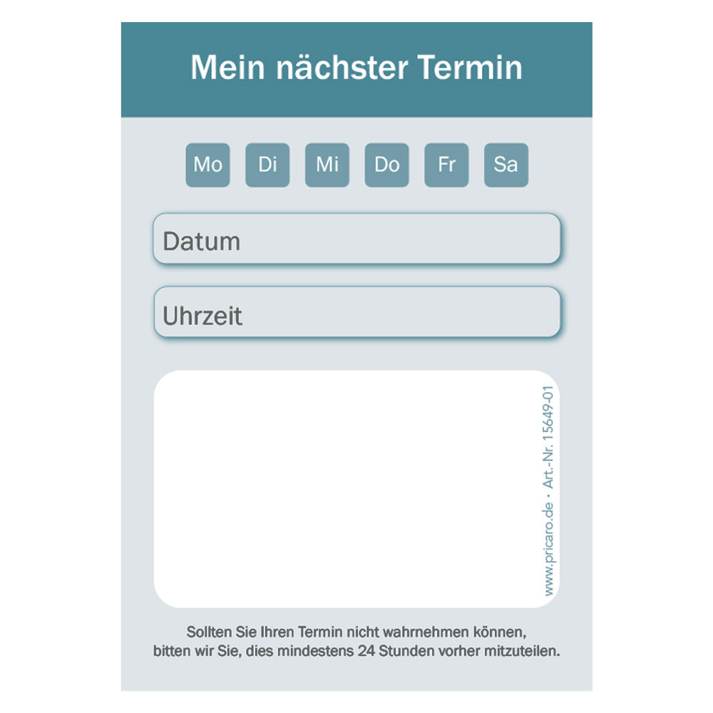 terminblock classic petrol, felder von montag bis samstag zum ankreuzen, zeilen für datum und uhrzeit und ein freifeld für stempel oder notizen, frontansicht
