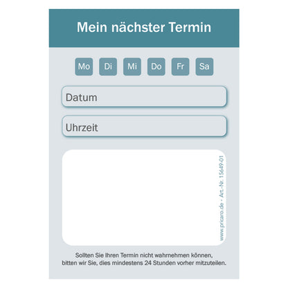 terminblock classic petrol, felder von montag bis samstag zum ankreuzen, zeilen für datum und uhrzeit und ein freifeld für stempel oder notizen, frontansicht