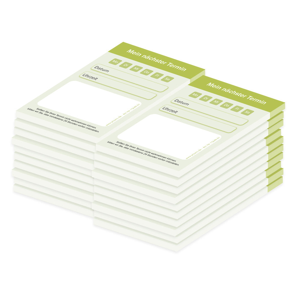 terminblock classic grün, felder von montag bis samstag zum ankreuzen, zeilen für datum und uhrzeit und ein freifeld für stempel oder notizen, 20er set