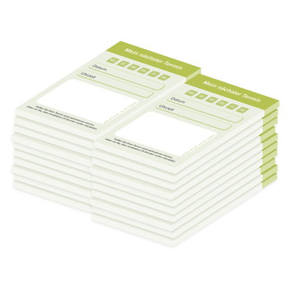 terminblock classic grün, felder von montag bis samstag zum ankreuzen, zeilen für datum und uhrzeit und ein freifeld für stempel oder notizen, 20er set