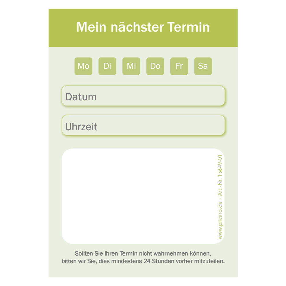 terminblock classic grün, felder von montag bis samstag zum ankreuzen, zeilen für datum und uhrzeit und ein freifeld für stempel oder notizen, front ansicht