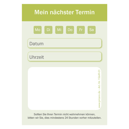 terminblock classic grün, felder von montag bis samstag zum ankreuzen, zeilen für datum und uhrzeit und ein freifeld für stempel oder notizen, front ansicht