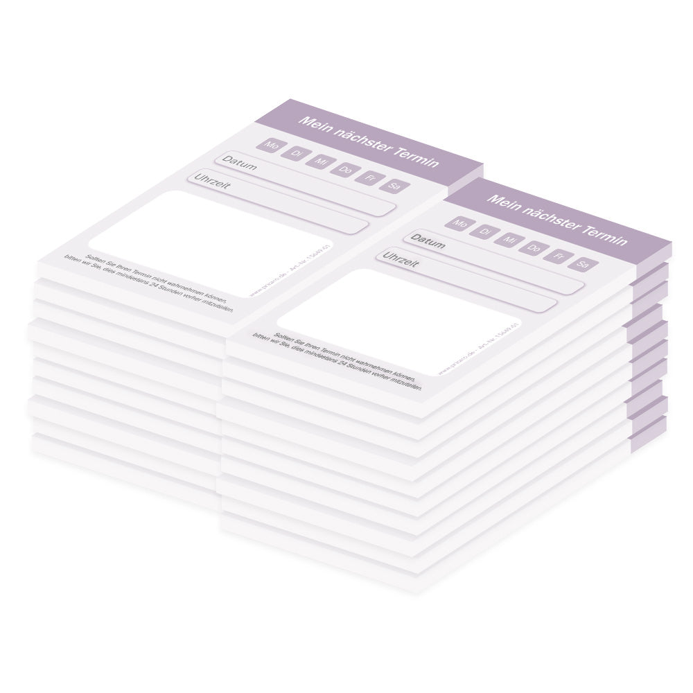 terminblock classic lila, felder von montag bis samstag zum ankreuzen, zeilen für datum und uhrzeit und ein freifeld für stempel oder notizen, 20er set