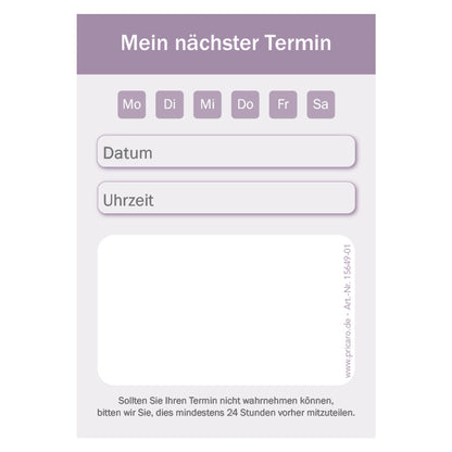 terminblock classic lila, felder von montag bis samstag zum ankreuzen, zeilen für datum und uhrzeit und ein freifeld für stempel oder notizen, front ansicht