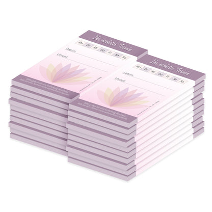 terminblock waterlily, lila, felder von montag bis sonntag zum ankreuzen, zeilen für datum und uhrzeit und ein freifeld für stempel oder notizen, 20er set