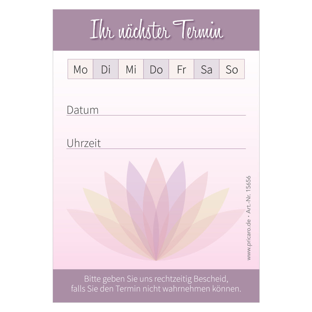 terminblock waterlily, lila, felder von montag bis sonntag zum ankreuzen, zeilen für datum und uhrzeit und ein freifeld für stempel oder notizen, front ansicht
