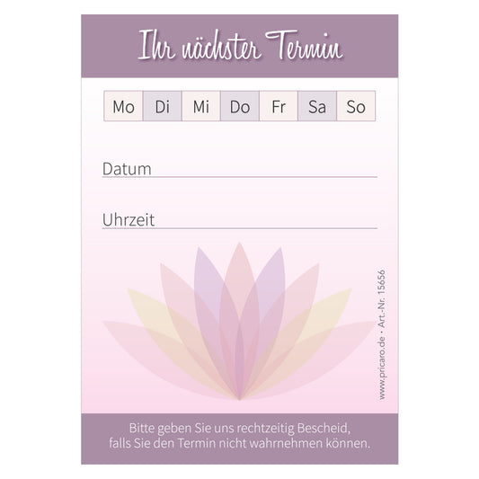 terminblock waterlily, lila, felder von montag bis sonntag zum ankreuzen, zeilen für datum und uhrzeit und ein freifeld für stempel oder notizen, front ansicht