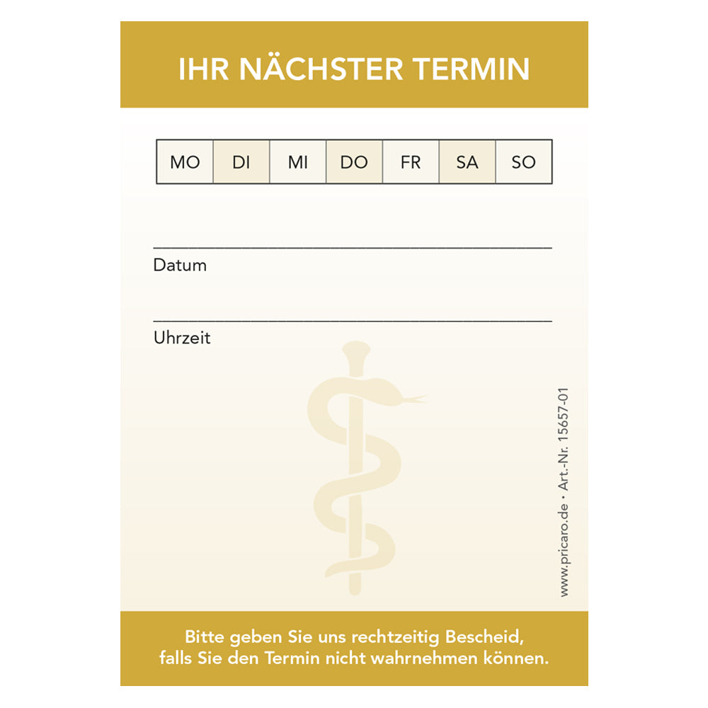 Terminblock Ärzte und Mediziner "Äskulapstab" gelb, frontansicht, felder zum ankreuzen von montag bis sonntag und zeilen für datum und uhrzeit und platz für einen stempel