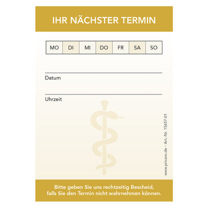 Terminblock Ärzte und Mediziner "Äskulapstab" gelb, frontansicht, felder zum ankreuzen von montag bis sonntag und zeilen für datum und uhrzeit und platz für einen stempel