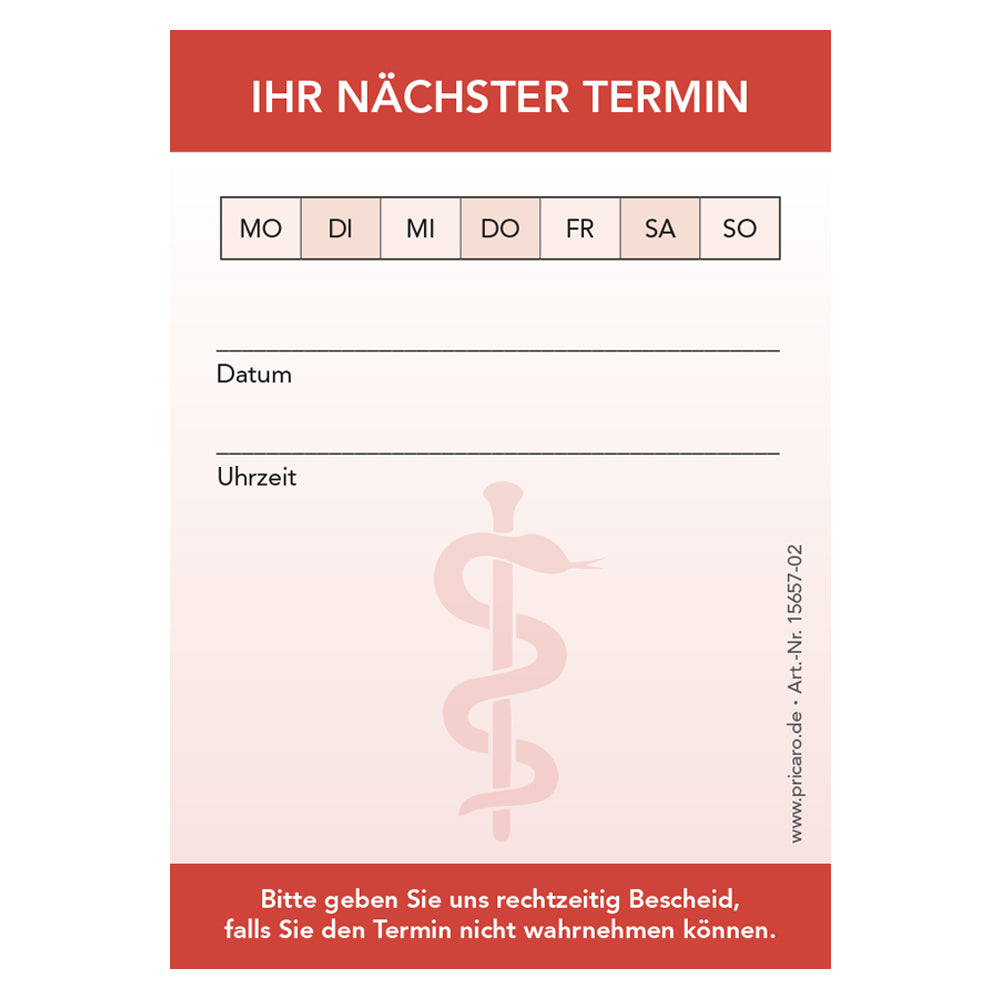 Terminblock Ärzte und Mediziner "Äskulapstab" rot, frontansicht, felder zum ankreuzen von montag bis sonntag und zeilen für datum und uhrzeit und platz für einen stempel