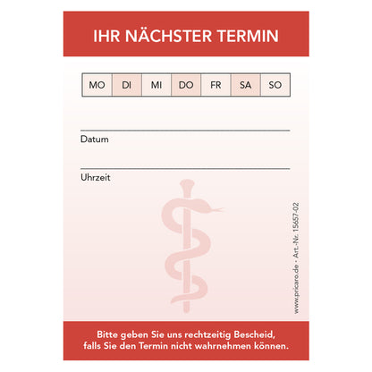 Terminblock Ärzte und Mediziner "Äskulapstab" rot, frontansicht, felder zum ankreuzen von montag bis sonntag und zeilen für datum und uhrzeit und platz für einen stempel