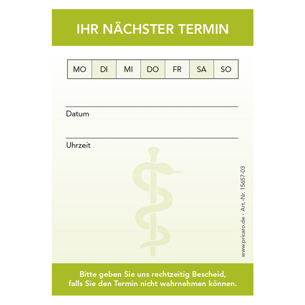 Terminblock Ärzte und Mediziner "Äskulapstab" grün, frontansicht, felder zum ankreuzen von montag bis sonntag und zeilen für datum und uhrzeit und platz für einen stempel