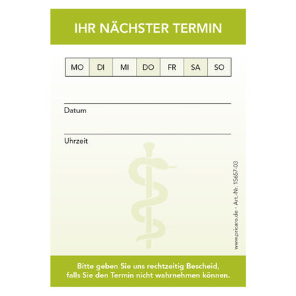 Terminblock Ärzte und Mediziner "Äskulapstab" grün, frontansicht, felder zum ankreuzen von montag bis sonntag und zeilen für datum und uhrzeit und platz für einen stempel