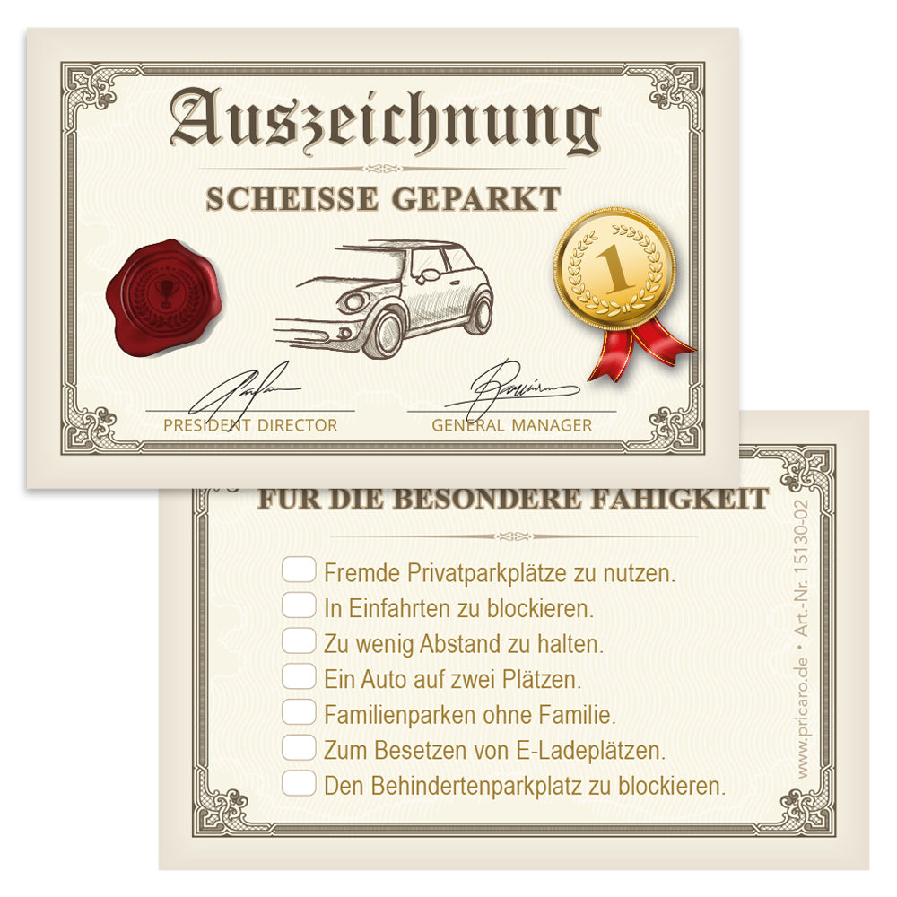 Scheiße geparkt Karten im Visitenkartenformat für die Windschutz- oder Seitenscheibe, Version Auszeichnung