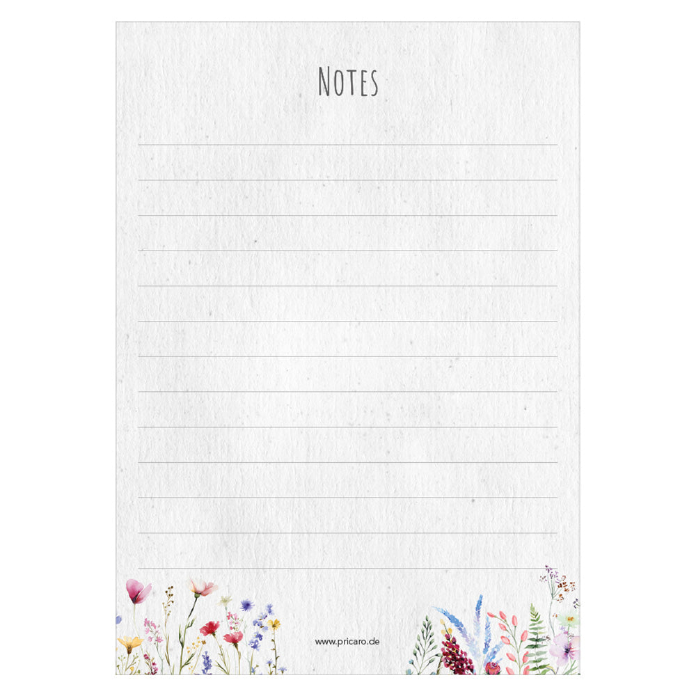notizblock blumig, variante summer mit sommerblumen am unteren rand und der aufschrift notes am oberen rand