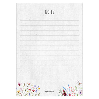 notizblock blumig, variante summer mit sommerblumen am unteren rand und der aufschrift notes am oberen rand