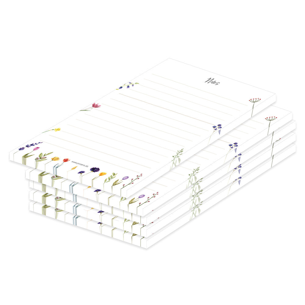 notizblock blumig, variante spring flowers mit verschiedenen blumen ringsum abgebildet und der aufschrift notes am oberen rand