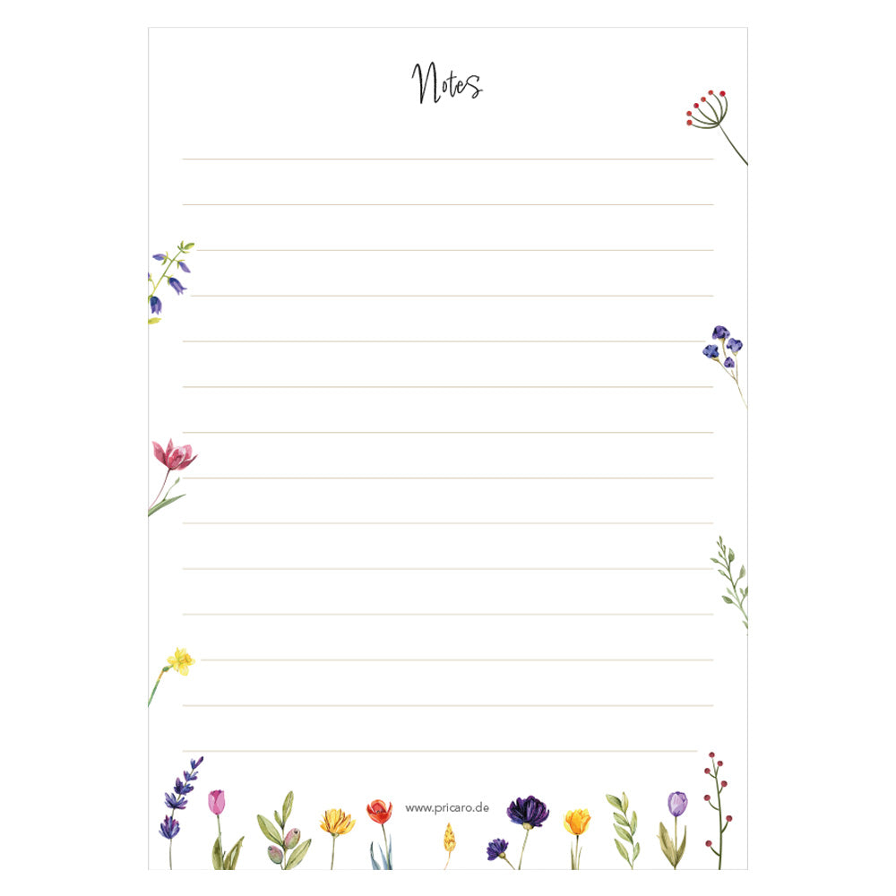 notizblock blumig, variante spring flowers mit verschiedenen blumen ringsum abgebildet und der aufschrift notes am oberen rand