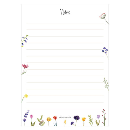 notizblock blumig, variante spring flowers mit verschiedenen blumen ringsum abgebildet und der aufschrift notes am oberen rand