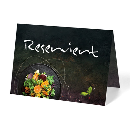 tischreservierungskarten "gourmet", schwarze optik mit der einem salat abgebildet und der weißen aufschrift "reserviert", ansicht vorderseite