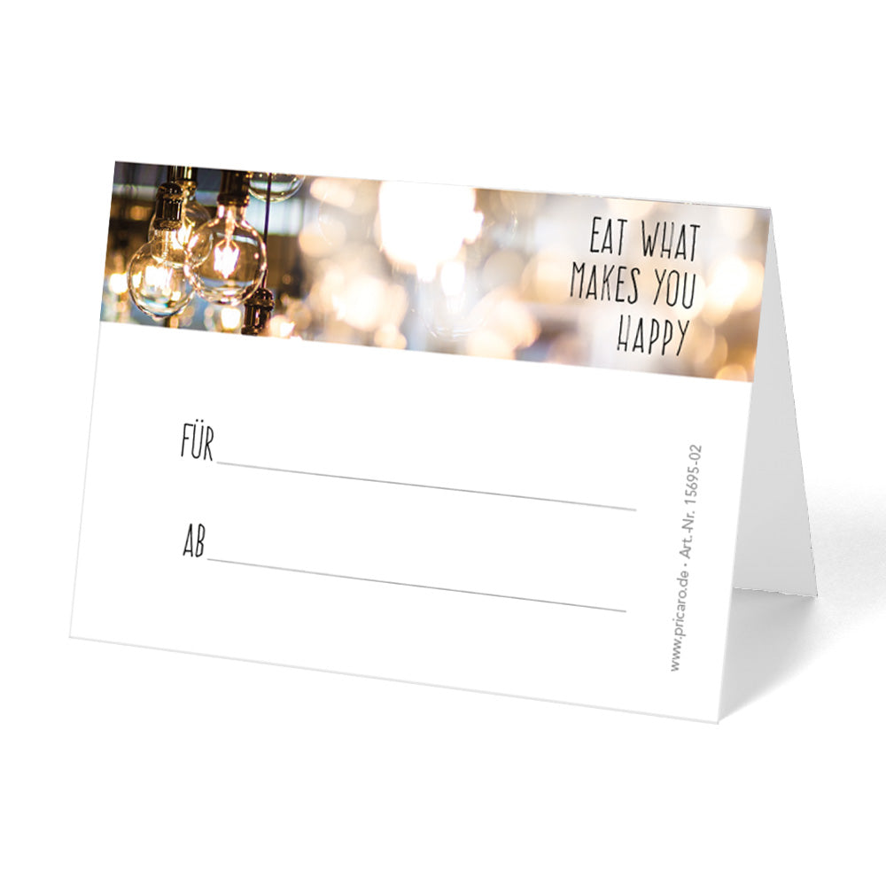 tischreservierungskarten "happy", weiße optik mit der aufschrift "eat what makes you happy" sowie einem platzhalter für namen und uhrzeit, ansicht rückseite