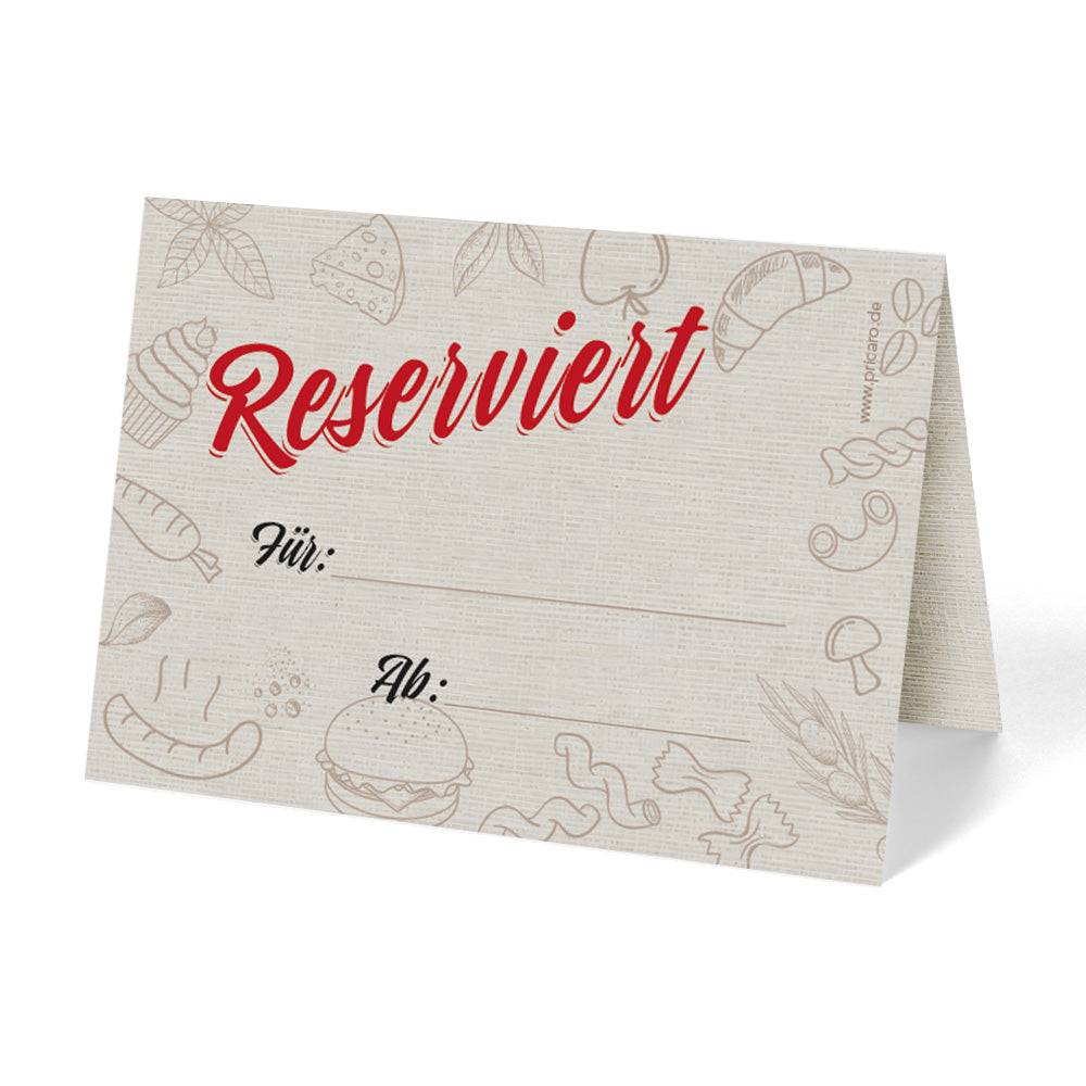 tischreservierungskarten "riservato", beige-rote optik mit der aufschrift "reserviert, für, ab,  ansicht vorderseite (druck auf beiden seiten gleich)