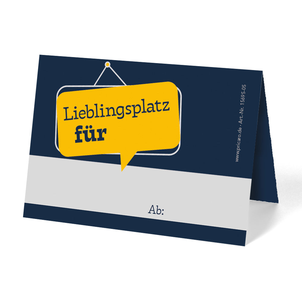 tischreservierungskarten "schild", blau-gelbe optik mit der aufschrift "lieblingsplatz für" und platz für uhrzeit,   ansicht rückseite
