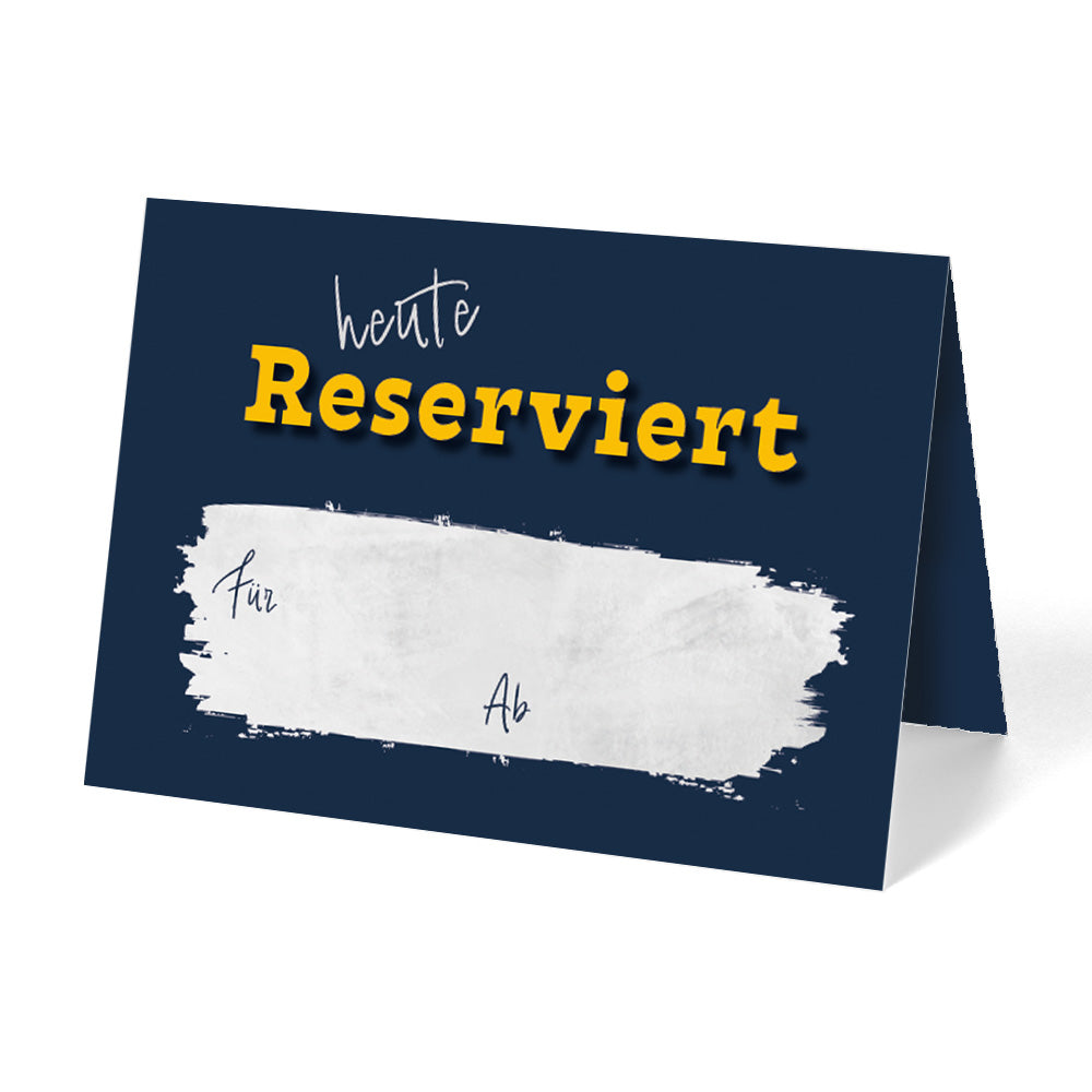 tischreservierungskarten "blue", blau-gelbe optik mit der aufschrift "heute reserviert", und platzhalter für name und uhrzeit,  ansicht rückseite