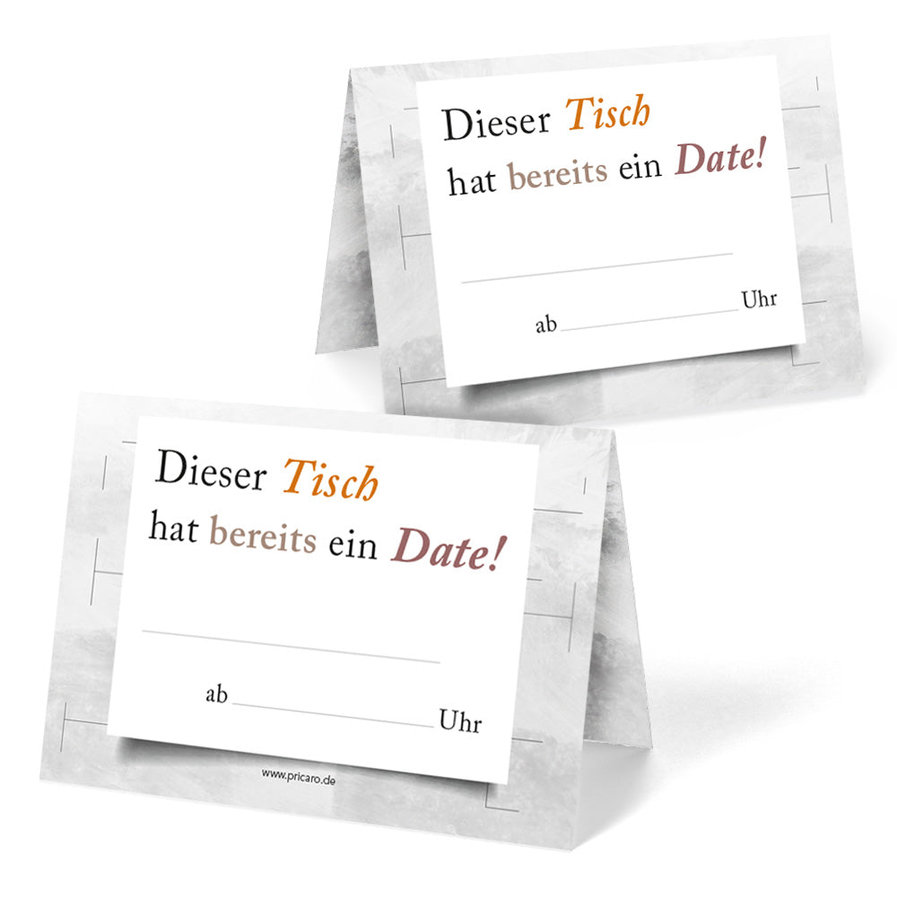 tischreservierungskarten "date", grau-beige optik mit der aufschrift "dieser tisch hat bereits ein date" und platzhalter für name und uhrzeit, ansicht vorder- und rückseite
