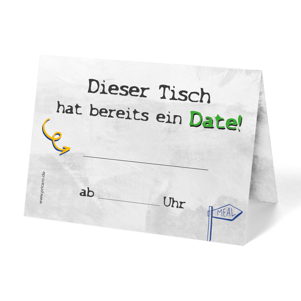 tischreservierungskarten "doodle", grau-blau-gelbe optik mit der aufschrift "dieser tisch hat bereits ein date" und platzhalter für name und uhrzeit, ansicht rückseite