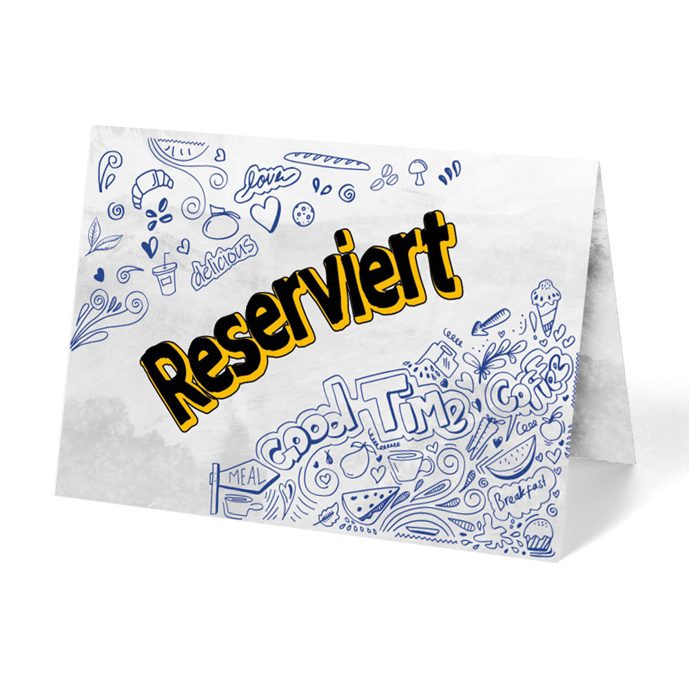 tischreservierungskarten "doodle", grau-blau-gelbe optik mit der aufschrift "reserviert" und verschiedenen kleinen motiven im seitenbereich, ansicht vorderseite