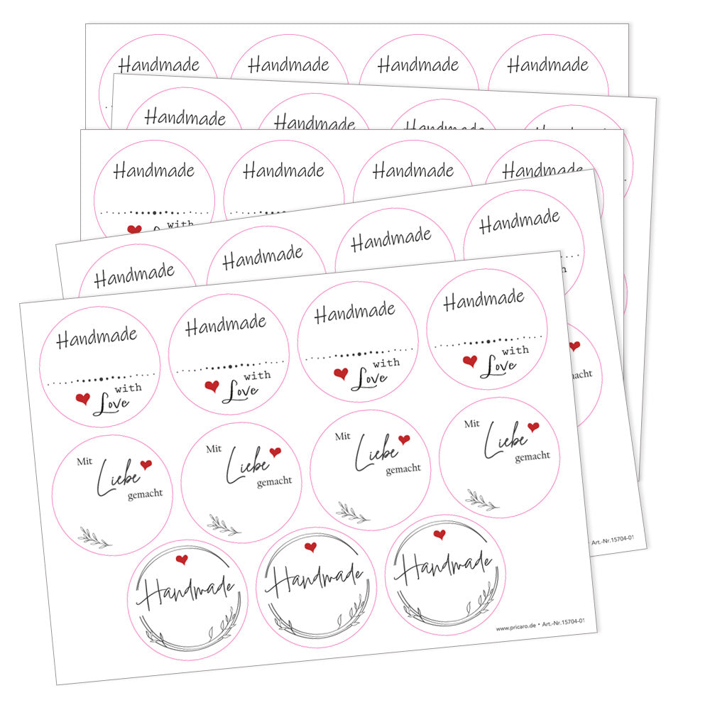 DIY Etiketten "Herz", verschiedene runde etiketten für diy projekte mit der aufschrift "handmade with love", "mit liebe germacht" und "handmade", farbe weiß, schwarze schrift mit roten herzen, 5er bogen