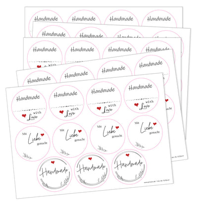 DIY Etiketten "Herz", verschiedene runde etiketten für diy projekte mit der aufschrift "handmade with love", "mit liebe germacht" und "handmade", farbe weiß, schwarze schrift mit roten herzen, 5er bogen