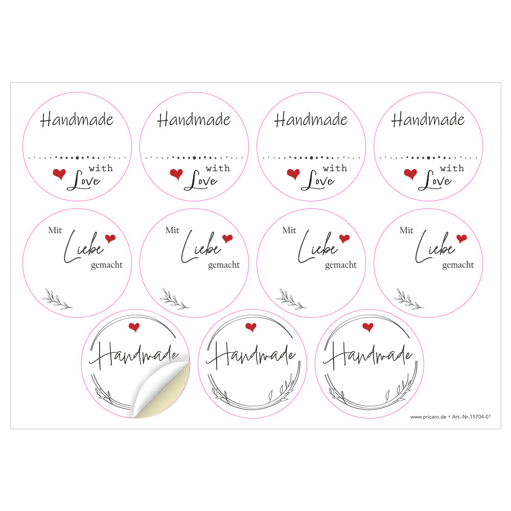 DIY Etiketten "Herz", verschiedene runde etiketten für diy projekte mit der aufschrift "handmade with love", "mit liebe germacht" und "handmade", farbe weiß, schwarze schrift mit roten herzen