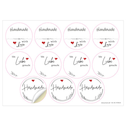 DIY Etiketten "Herz", verschiedene runde etiketten für diy projekte mit der aufschrift "handmade with love", "mit liebe germacht" und "handmade", farbe weiß, schwarze schrift mit roten herzen