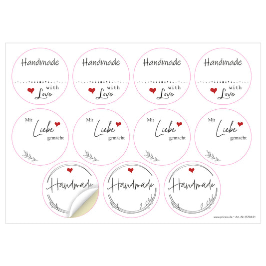 DIY Etiketten "Herz", verschiedene runde etiketten für diy projekte mit der aufschrift "handmade with love", "mit liebe germacht" und "handmade", farbe weiß, schwarze schrift mit roten herzen