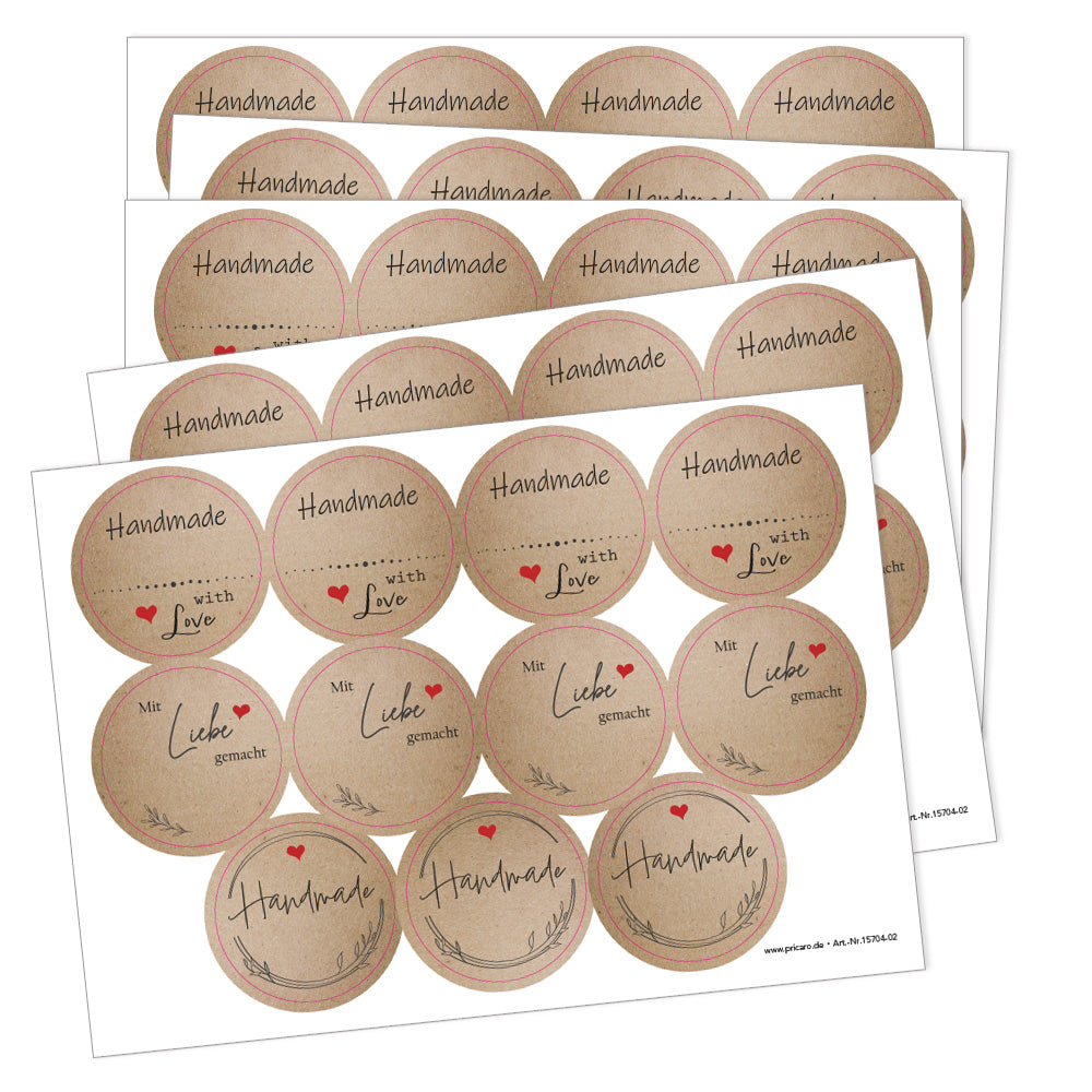 DIY Etiketten "Herz", verschiedene runde etiketten für diy projekte mit der aufschrift "handmade with love", "mit liebe germacht" und "handmade", farbe kraftpapierfarben, schwarze schrift mit roten herzen. 5er bogen
