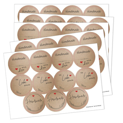 DIY Etiketten "Herz", verschiedene runde etiketten für diy projekte mit der aufschrift "handmade with love", "mit liebe germacht" und "handmade", farbe kraftpapierfarben, schwarze schrift mit roten herzen. 5er bogen