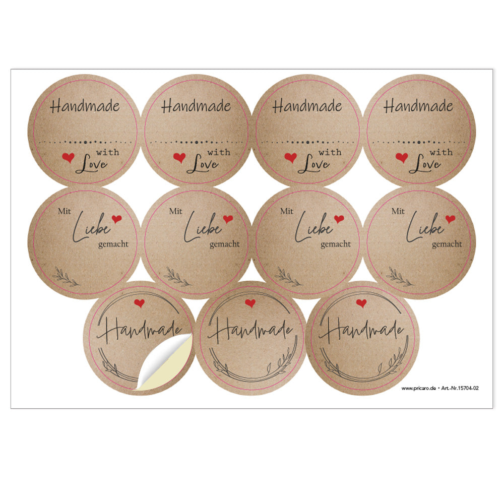 DIY Etiketten "Herz", verschiedene runde etiketten für diy projekte mit der aufschrift "handmade with love", "mit liebe germacht" und "handmade", farbe kraftpapier-farben, schwarze schrift mit roten herzen