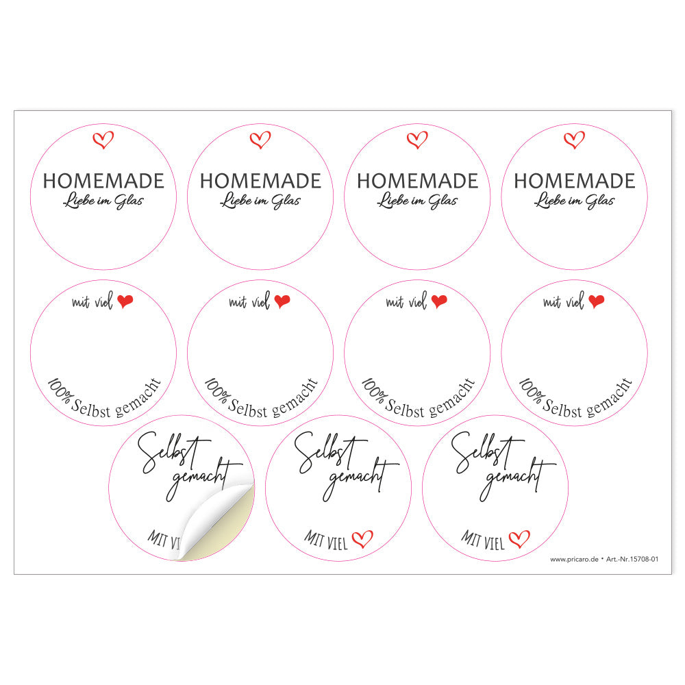 DIY Etiketten "gerdi", verschiedene runde etiketten für diy projekte mit der aufschrift "homemade liebe im glas", "mit viel herz, 100 % Selbstgemacht" und "selbstgemacht mit viel herz", farbe weiß, schwarze schrift mit roten herzen