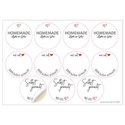 DIY Etiketten "gerdi", verschiedene runde etiketten für diy projekte mit der aufschrift "homemade liebe im glas", "mit viel herz, 100 % Selbstgemacht" und "selbstgemacht mit viel herz", farbe weiß, schwarze schrift mit roten herzen