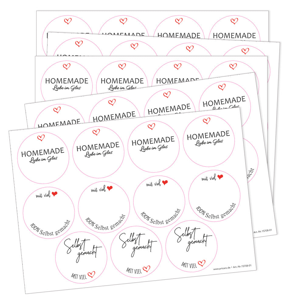 DIY Etiketten "gerdi", verschiedene runde etiketten für diy projekte mit der aufschrift "homemade liebe im glas", "mit viel herz, 100 % Selbstgemacht" und "selbstgemacht mit viel herz", farbe weiß, schwarze schrift mit roten herzen, 5er bogen
