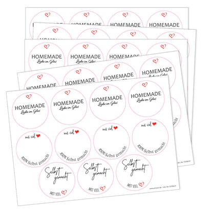 DIY Etiketten "gerdi", verschiedene runde etiketten für diy projekte mit der aufschrift "homemade liebe im glas", "mit viel herz, 100 % Selbstgemacht" und "selbstgemacht mit viel herz", farbe weiß, schwarze schrift mit roten herzen, 5er bogen